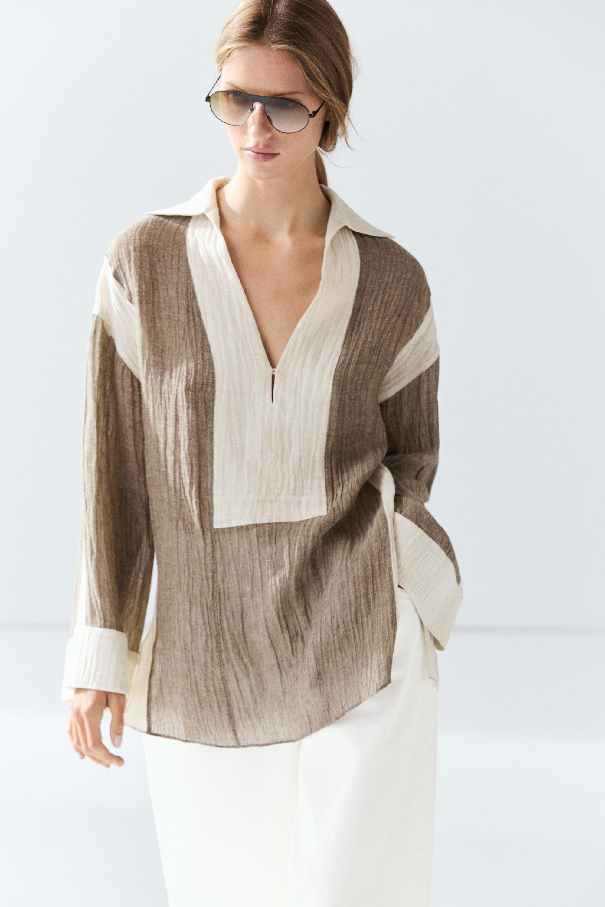 Flowing textured linen blend blouse